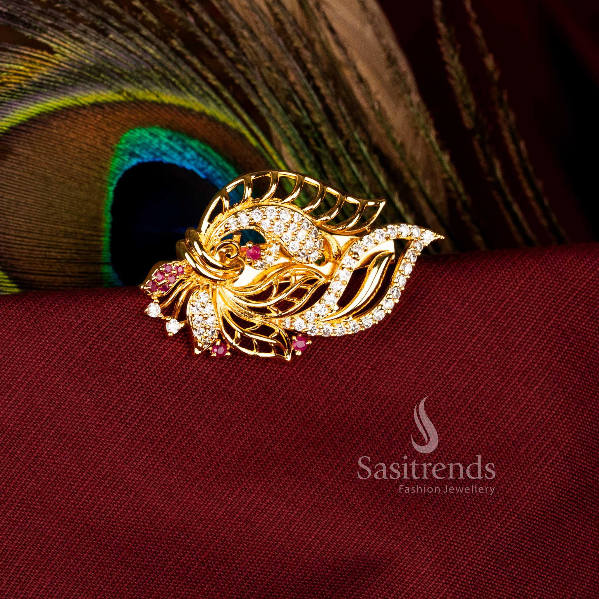 White-Ruby Peacock Foliate Scroll Saree Pin adorned with American Diamond and Micro Gold Finish, Perfect for Traditional Ceremony and Bridal Jewellery – Sasitrends
