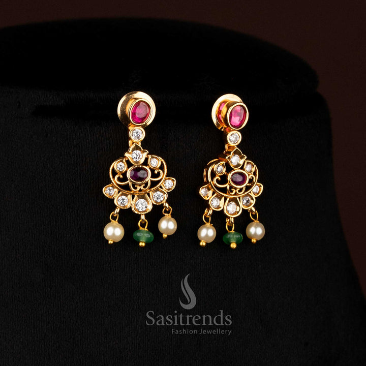 Celestial white-ruby matte gold plated crescent floral earrings with oval AD stones, perfect to wear for festive celebrations and wedding events – Sasitrends