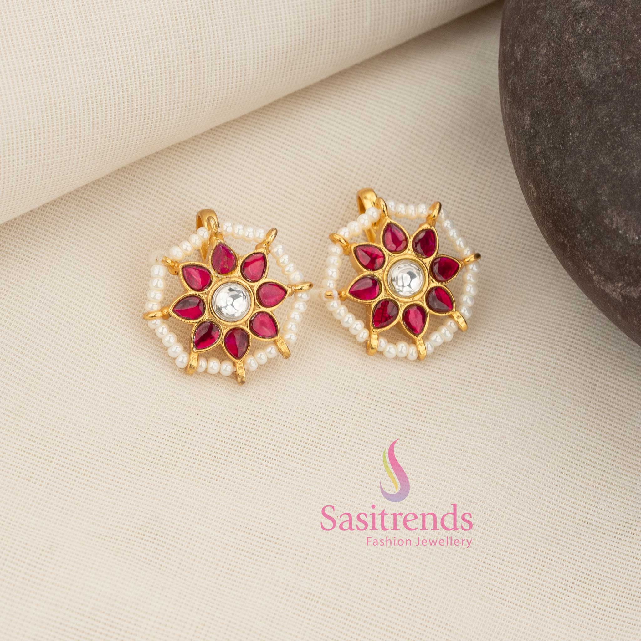 Opulent white-ruby 24K Jadau Kundan floral sunburst bugadi earcuff with pearl fringe perfect for vibrant traditional and ceremonial jewellery occasions – Sasitrends