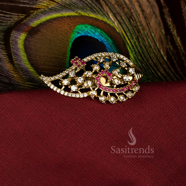 Opulent White-Ruby Paisley Sangu Pin with Mahendi Finish and American Diamond Detailing, Elegant for Temple and Festive Jewellery Wear – Sasitrends