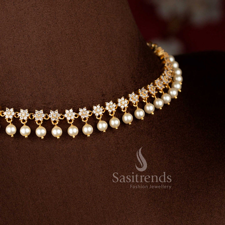 Dazzling micro gold plated AD star floral necklace in white with pearl drops, one gram jewellery, 24K shine – Sasitrends