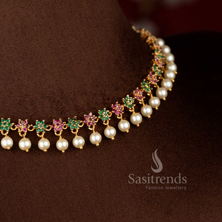 Elegant micro gold plated AD star floral necklace in ruby-green shades with pearl drops, finished in 24 carat gold – Sasitrends