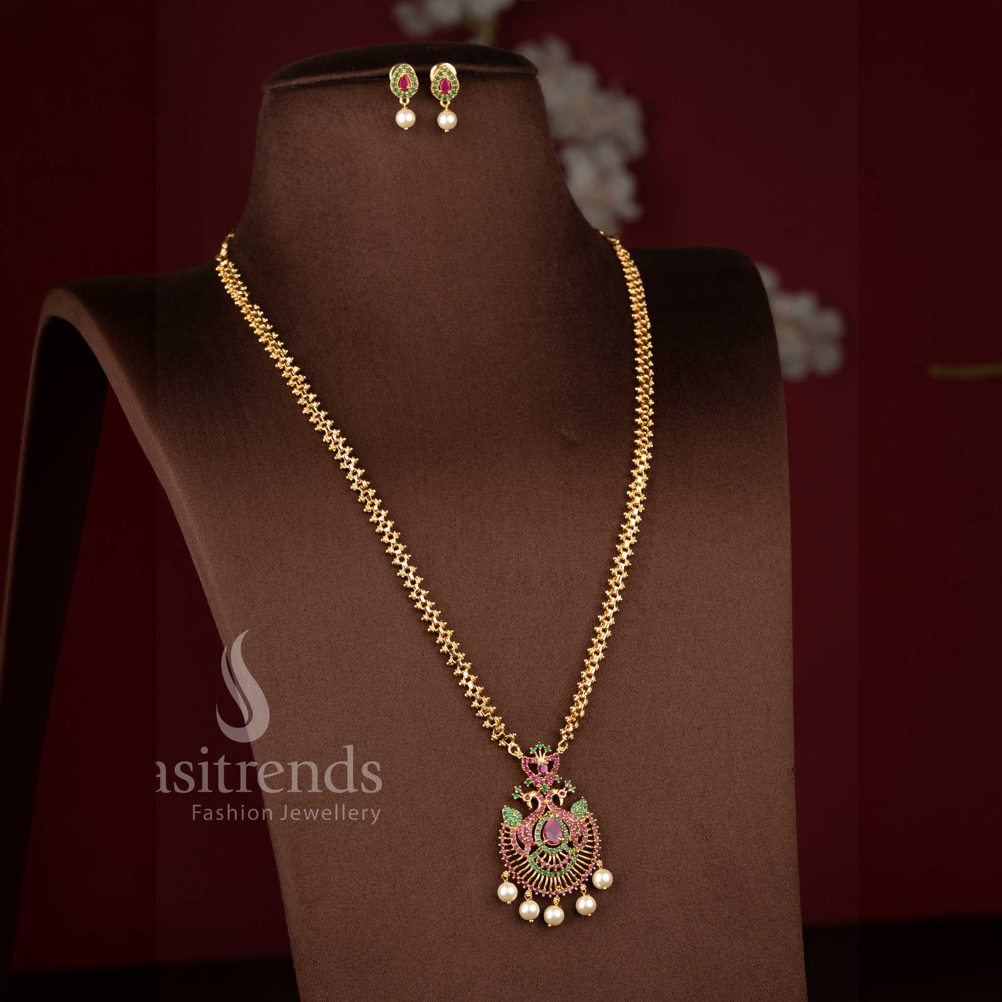 Regal micro gold plated 2-side Gajiri chain necklace in ruby-green featuring center pear stone peacock pendant with pearls – Sasitrends