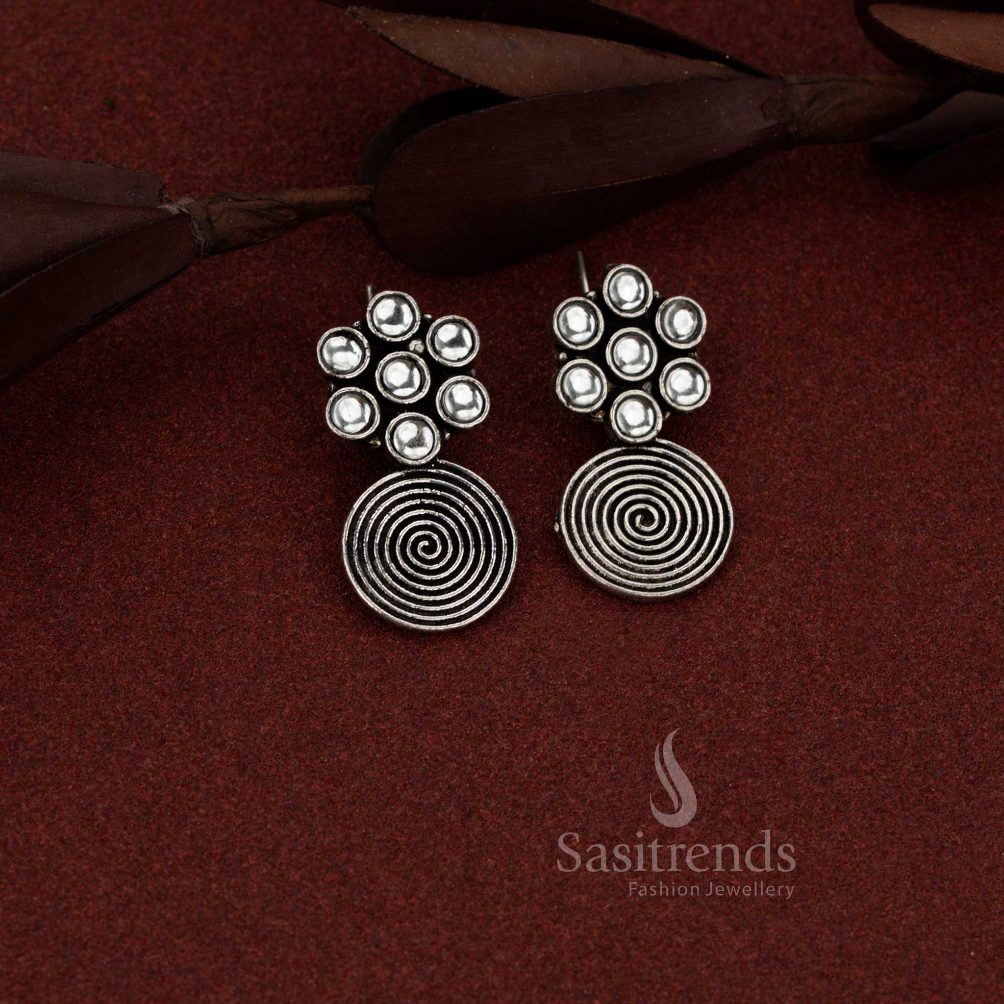 Graceful oxidised spiral flower drop earrings with white stones suited for formal wear and simple gatherings – Sasitrends