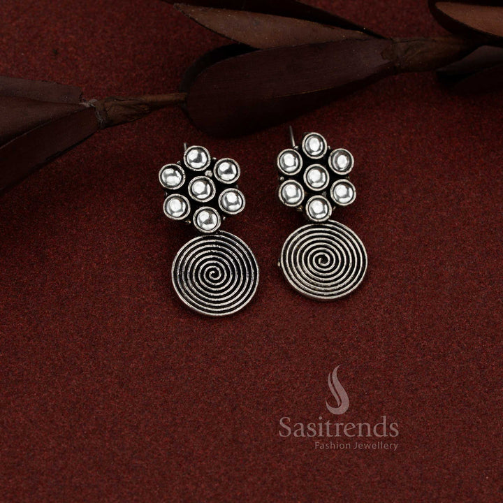 Graceful oxidised spiral flower drop earrings with white stones suited for formal wear and simple gatherings – Sasitrends