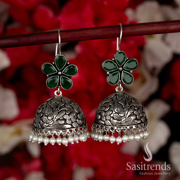 Stunning Green Party Oxidised Floral Jhumkas with Pearl Drops and Fish-Hook Closure, Ideal for Black Saree Ethnic Navaratri Wear-Sasitrends
