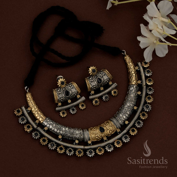 Traditional oxidised black Huslia Chandbali necklace featuring sun motifs and teardrop stones for cultural occasions - Sasitrends