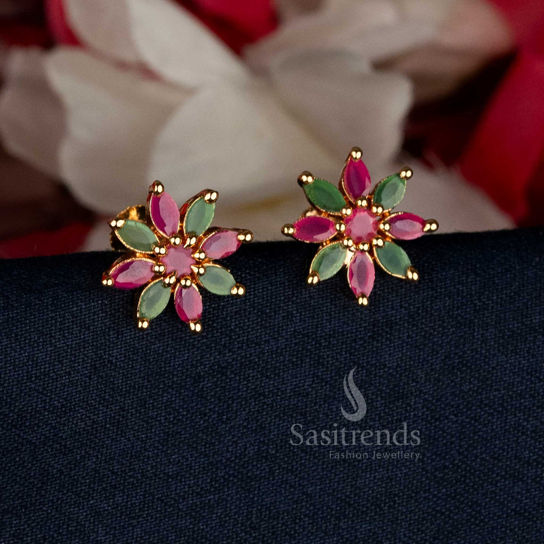 Radiant Micro Gold Plated Floral AD Stud Earrings in ruby-green combination, crafted with traditional motifs to enhance festive, wedding, and ceremonial attire — Sasitrends