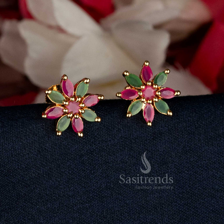 Guaranteed Micro Gold Plated AD Stone Floral Stud Earrings – Real Gold Look