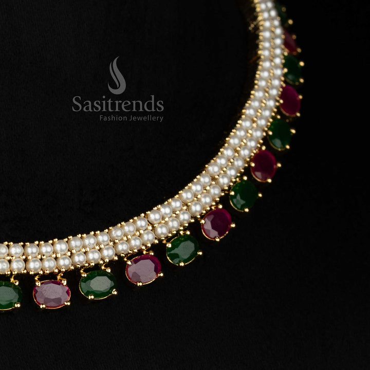 LuxeTwirl micro gold plated pearl ruby green double linear pearl necklace accented with oval AD details for party glamour - Sasitrends