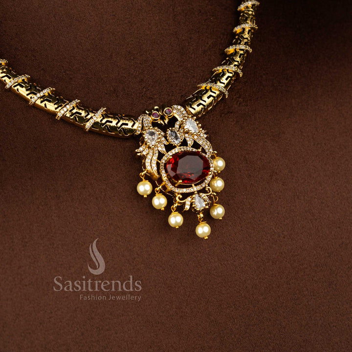 Velvet majesty matte gold plated peacock necklace featuring curved bar cylinder link pattern and elegant white red stone combination – Sasitrends