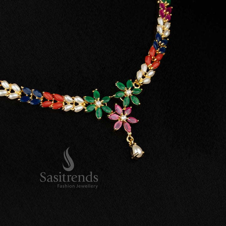 Radiant micro gold plated Pearl-Navarathna American diamond and pearl floral leaf necklace set designed for vibrant party styling and festive gatherings - Sasitrends