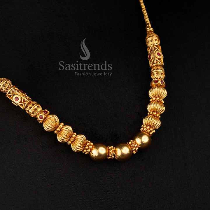 Regal Temple Matte Gold Plated Intricate Ball Chain Necklace with Artistic Engravings, Designed for Ceremonial Temple Jewellery Occasions – Sasitrends