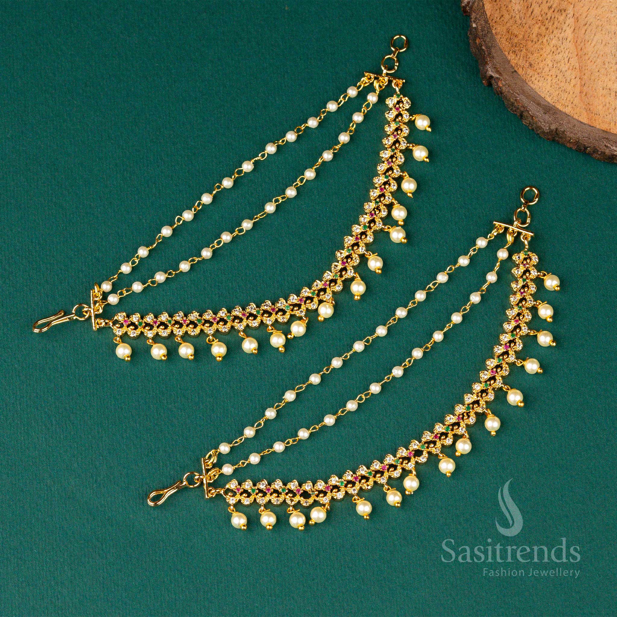 Royal Micro Gold Plated AD Stone Pearl Matil Ear Chain, Temple-Inspired Traditional Jewellery Designed For Bridal Looks And Heritage Glamour – Sasitrends