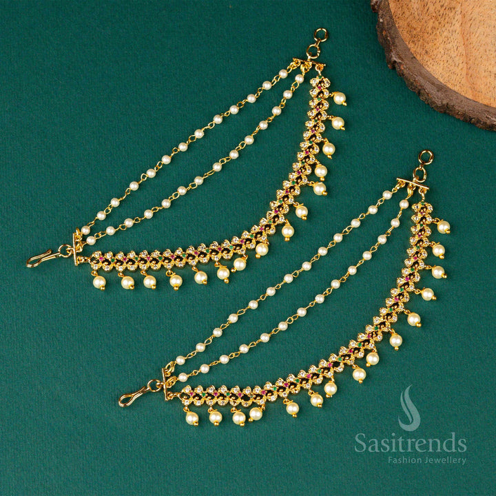 Royal Micro Gold Plated AD Stone Pearl Matil Ear Chain, Temple-Inspired Traditional Jewellery Designed For Bridal Looks And Heritage Glamour – Sasitrends