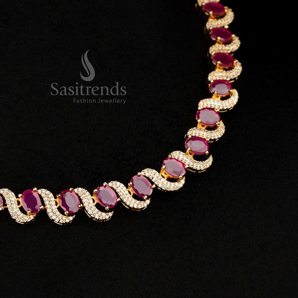 Sophisticated American Diamond micro gold plated S-Curve white-ruby necklace featuring oval stones, ideal for wedding lustre and formal gatherings – Sasitrends