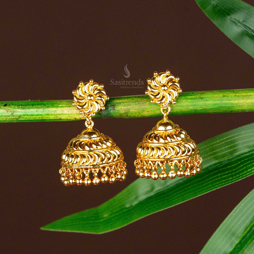 Ornate Traditional Swirl Pattern Micro Gold Plated Jhumka Earrings Designed To Add A Regal Touch To Grand Celebrations And Cultural Events - Sasitrends