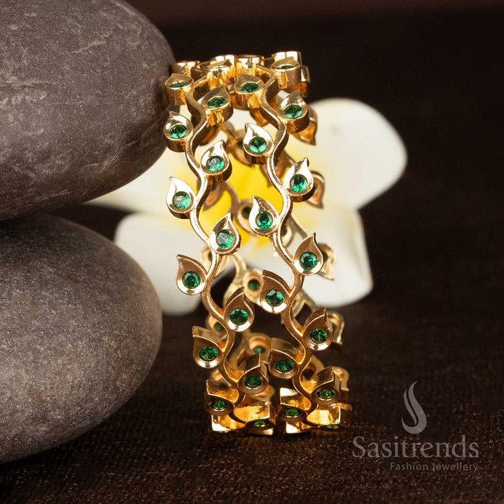 Artistic green leaf motif bangles crafted in micro gold plating with American diamond stones for vibrant festive fashion - Sasitrends