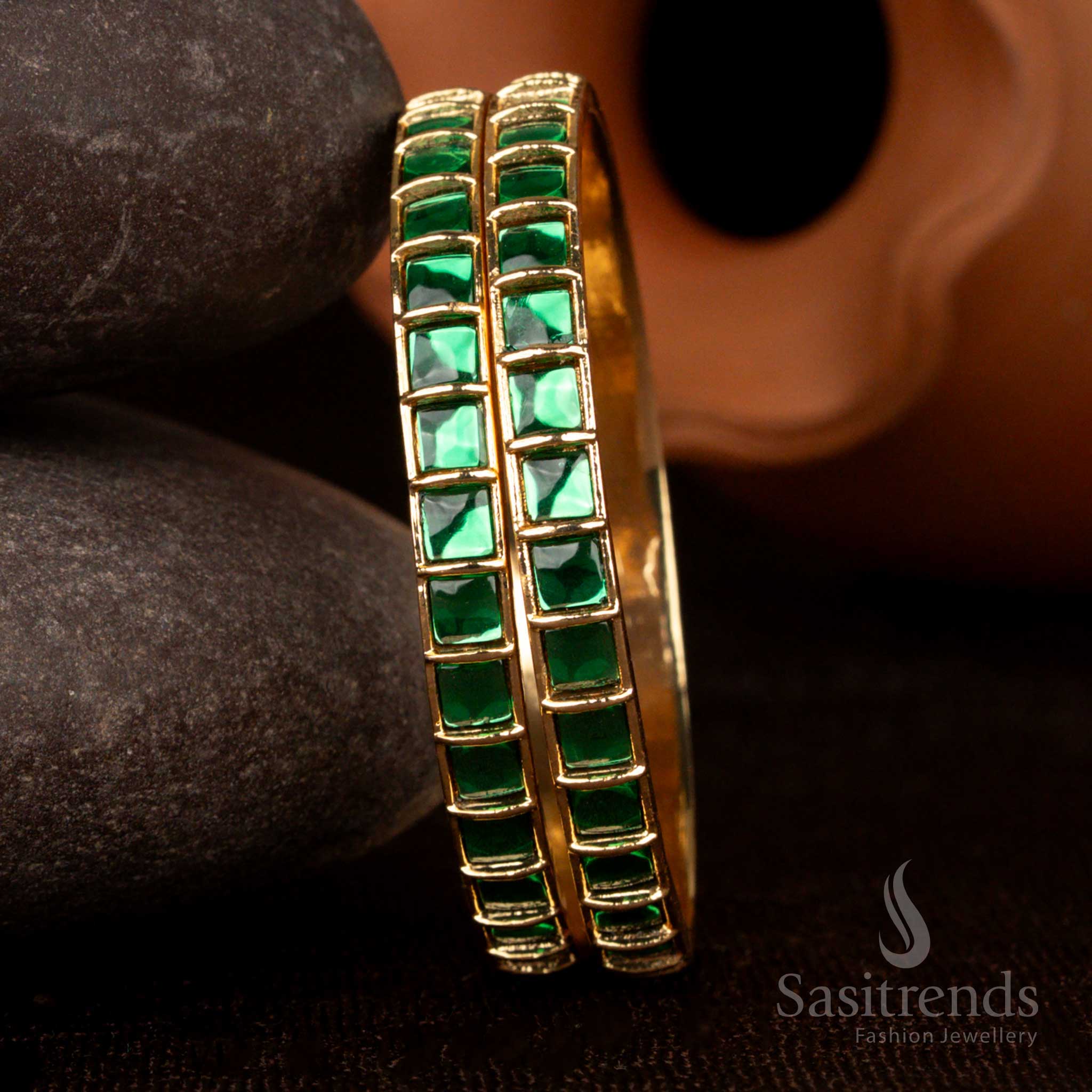 Green Jadau Kundan Square-Cut Micro Gold Plated Bangles With Traditional Real Gold Look, Perfect For Weddings, Parties, And Festive Wear – Sasitrends
