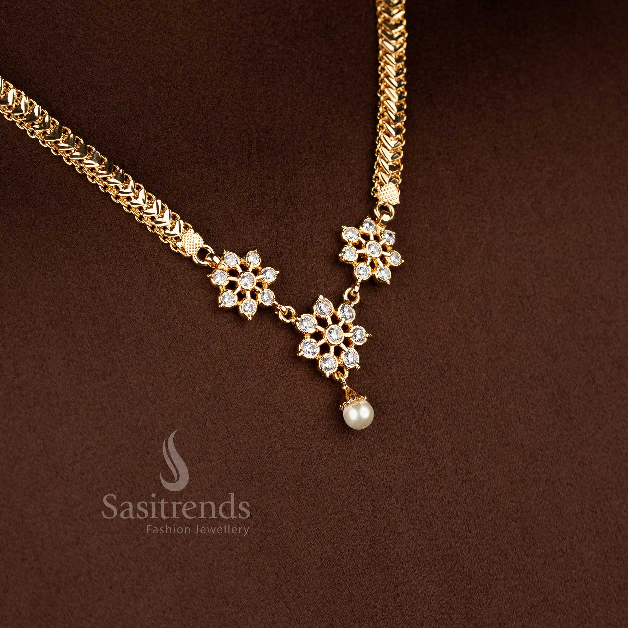 Regal Guaranteed Impon Addigai Micro Gold Plated floral white AD stone necklace ideal for wedding and traditional ceremonies – Sasitrends