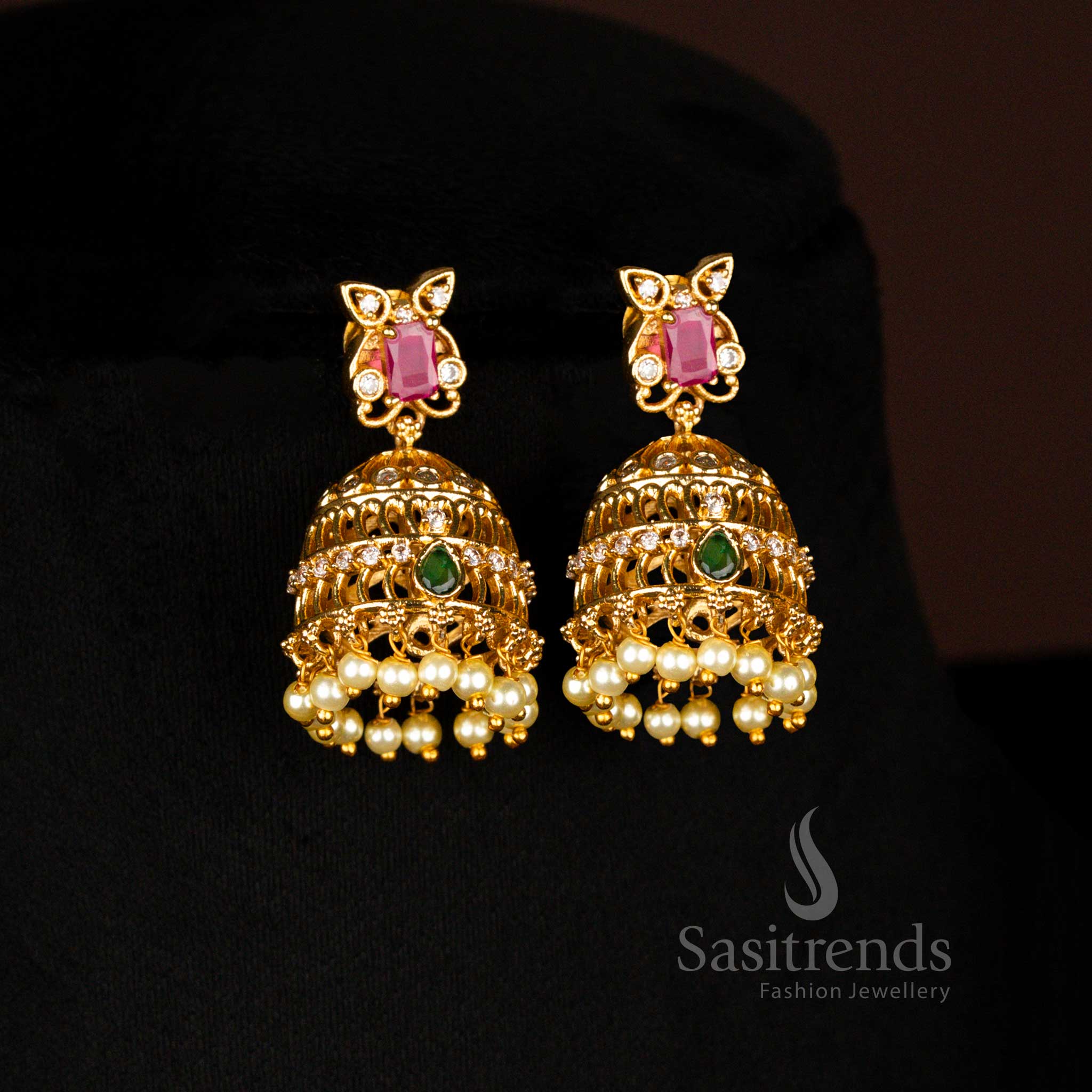 Splendid Temple Matte Gold Multi Floral Jhumka Earrings With AD Stones And Pearl Drops Perfect For Opulent Traditional Wear - Sasitrends