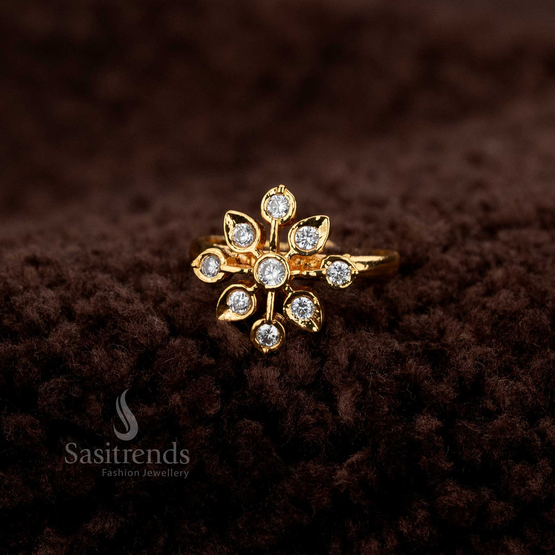 Elegant Impon Addigai Micro Gold Plated Adjustable Panchaloha Ring adorned with AD Stones – Classic traditional design with radiant charm – Sasitrends