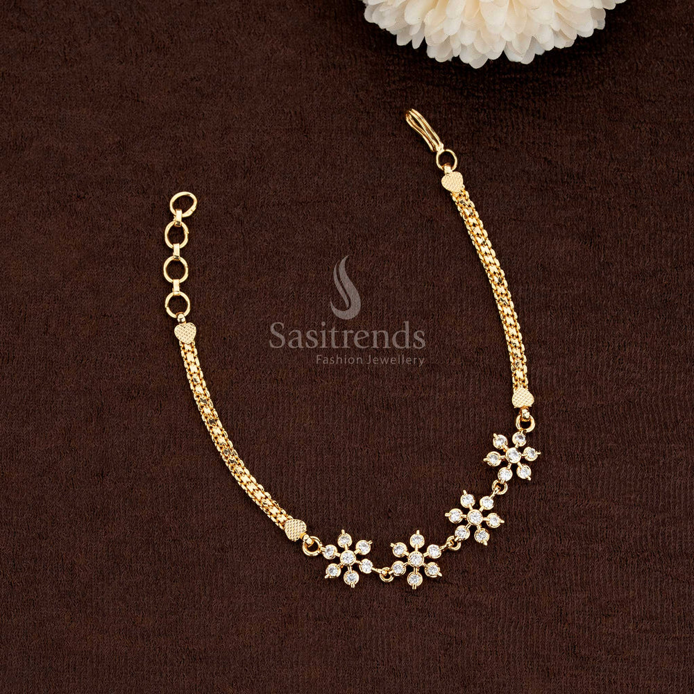 Elegant Impon Addigai Micro Gold Plated Spiral Floral AD Stone Bracelet Set in white colour, showcasing graceful craftsmanship and premium sparkle – Sasitrends