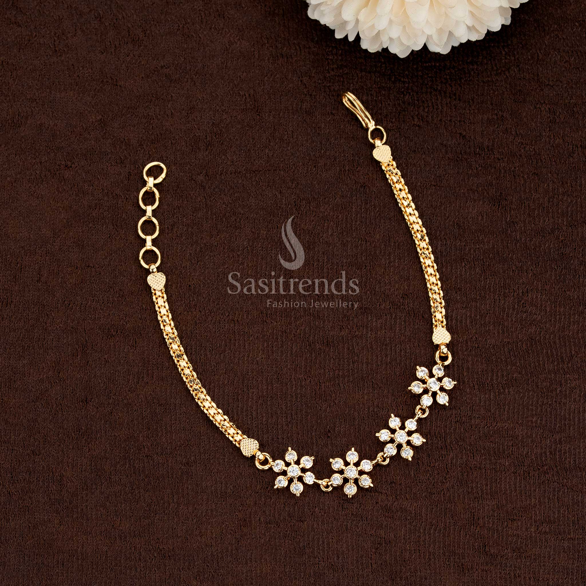 Elegant Impon Addigai Micro Gold Plated Spiral Floral AD Stone Bracelet Set in white colour, showcasing graceful craftsmanship and premium sparkle – Sasitrends