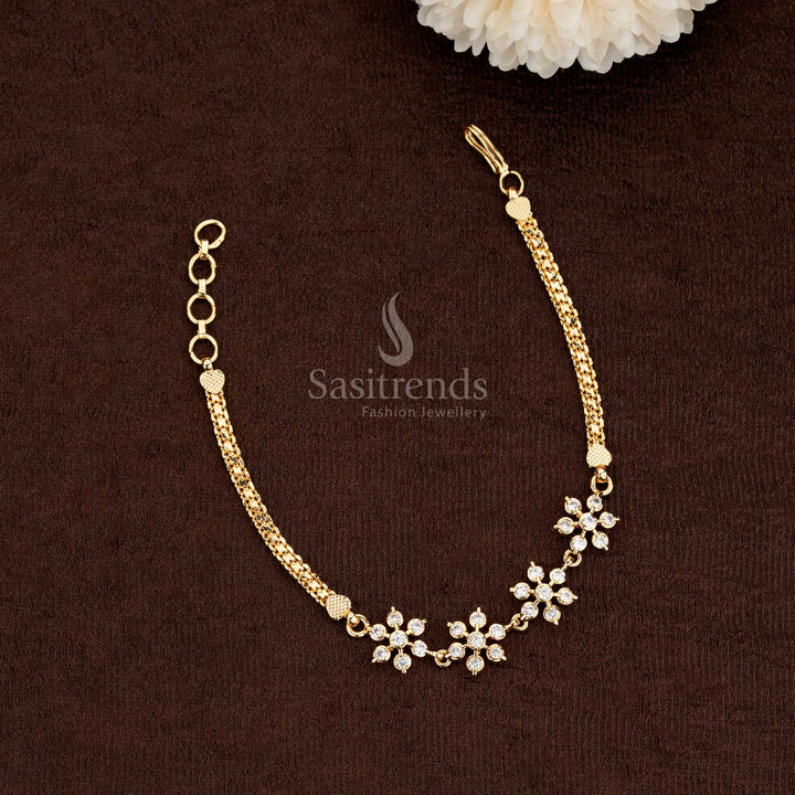 Elegant Impon Addigai Micro Gold Plated Spiral Floral AD Stone Bracelet Set in white colour, showcasing graceful craftsmanship and premium sparkle – Sasitrends