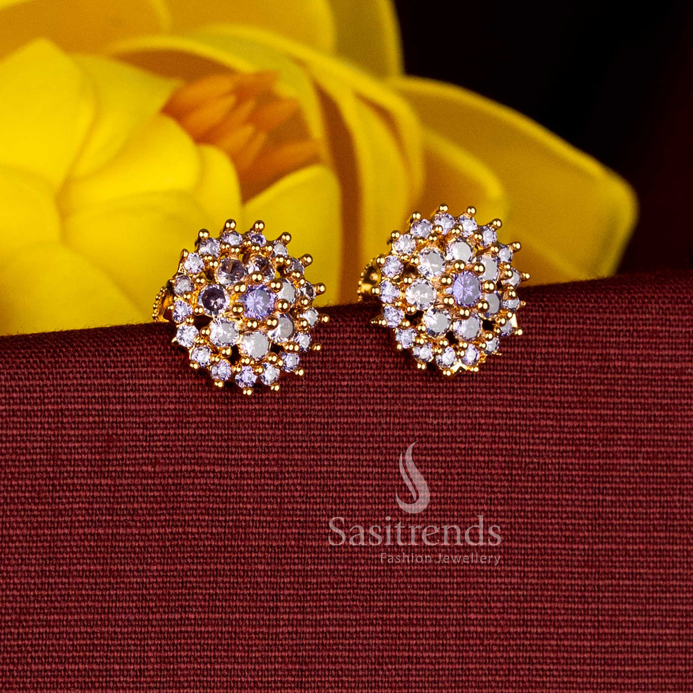 Opulent micro gold plated AD lavender circular flower stud earrings for traditional and ceremonial occasions, perfect with silk saree and half saree ensembles - Sasitrends