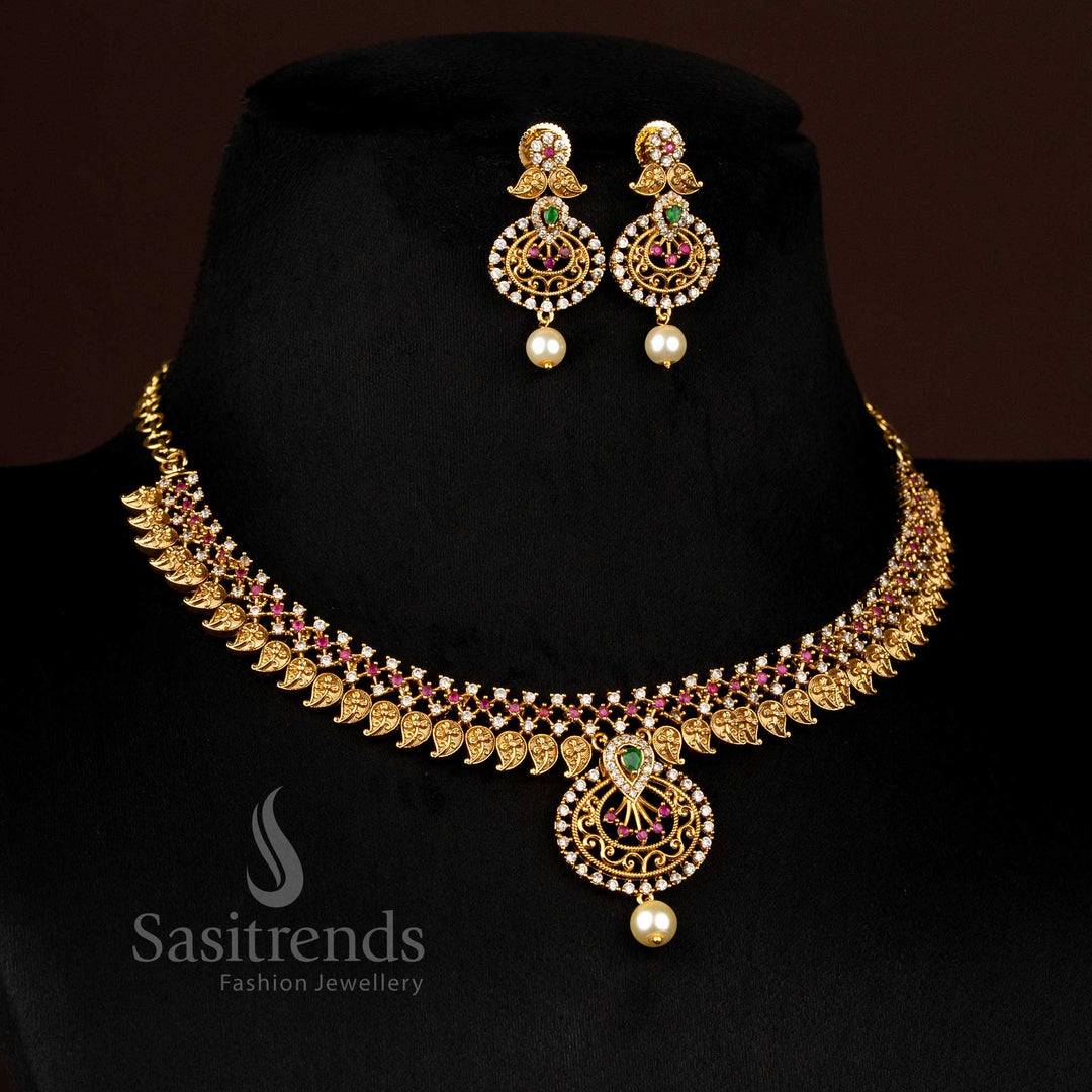 Elegant matte gold plated multi-colour AD stone choker necklace with paisley motif and circular pendant adorned with pearls for graceful events – Sasitrends