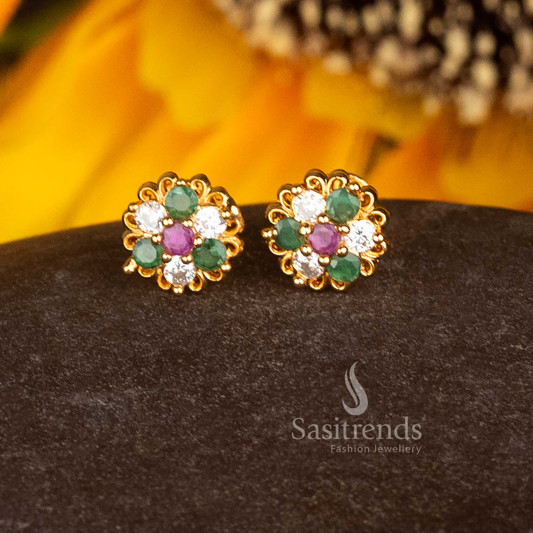 Regal Micro Gold Plated AD Floral Cluster Stud Earrings with Filigree Edge in Multi Color, Perfect for Party and Festive Jewellery – Sasitrends