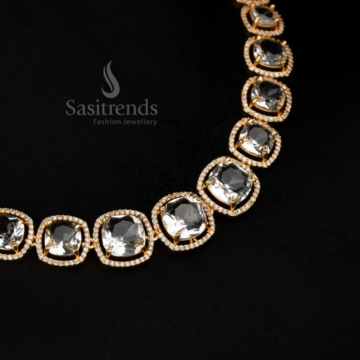 Classic 24-carat micro gold plated American Diamond white necklace jewellery set for party style, featuring pure brilliance and guaranteed finish that mirrors real gold beauty – Sasitrends