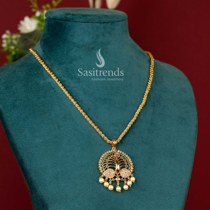One Gram 24K Micro Gold Plated Royal Dancing Peacock AD Stone Dasavatharam Rope Chain Necklace - Sasitrends