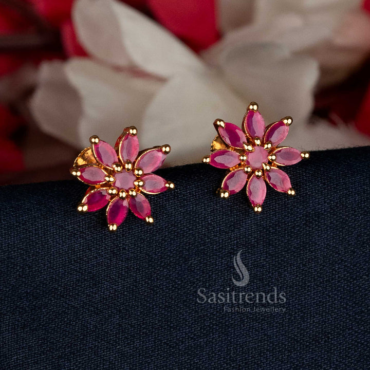 Elegant Micro Gold Plated Floral AD Stud Earrings with ruby tone gems, ideal for festive occasions, cultural gatherings, and traditional celebrations — Sasitrends