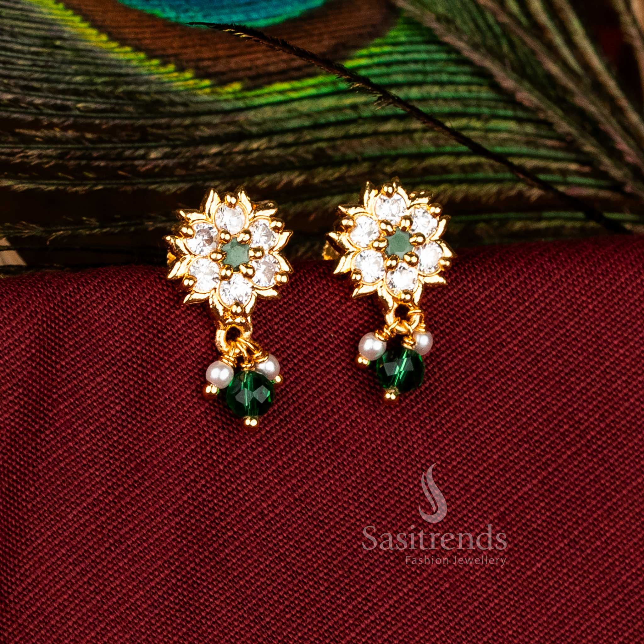 Ethereal Micro Gold Plated Floral Cluster Dangle Earrings with Pearl Drops in White-Green, Exquisite for Wedding and Festive Jewellery – Sasitrends
