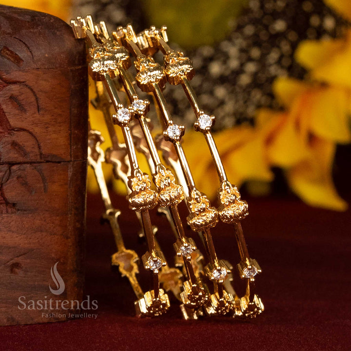 Stunning Micro Gold Plated Lakshmi Bangles Set Featuring Brilliant White American Diamond Stones – A Timeless Traditional Jewellery Choice For Sarees And Festive Wear – Sasitrends