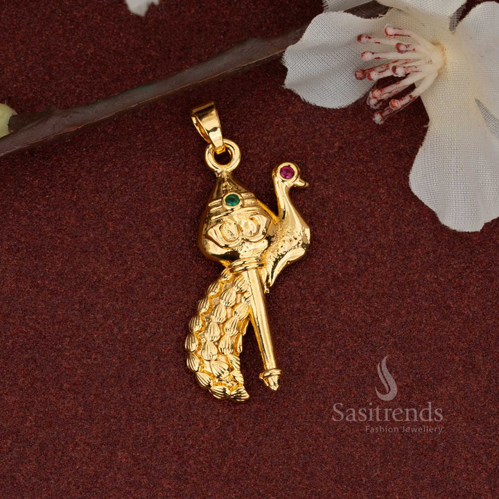 Majestic Micro Gold Plated Peacock Vel Pendant With Radiant Centre Green Stone, Flaunting An Exquisite Symbolic Design In Polished Gold Tone That Looks Like Real Gold - Sasitrends

