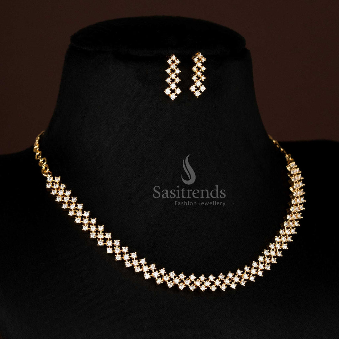 Grand American Diamond Micro Gold Plated Jewellery Set In Contemporary Geometric Cluster Design With Glossy Polish And Stone Studded Detailing – Ideal For Grand Celebrations And Wedding Functions – Sasitrends