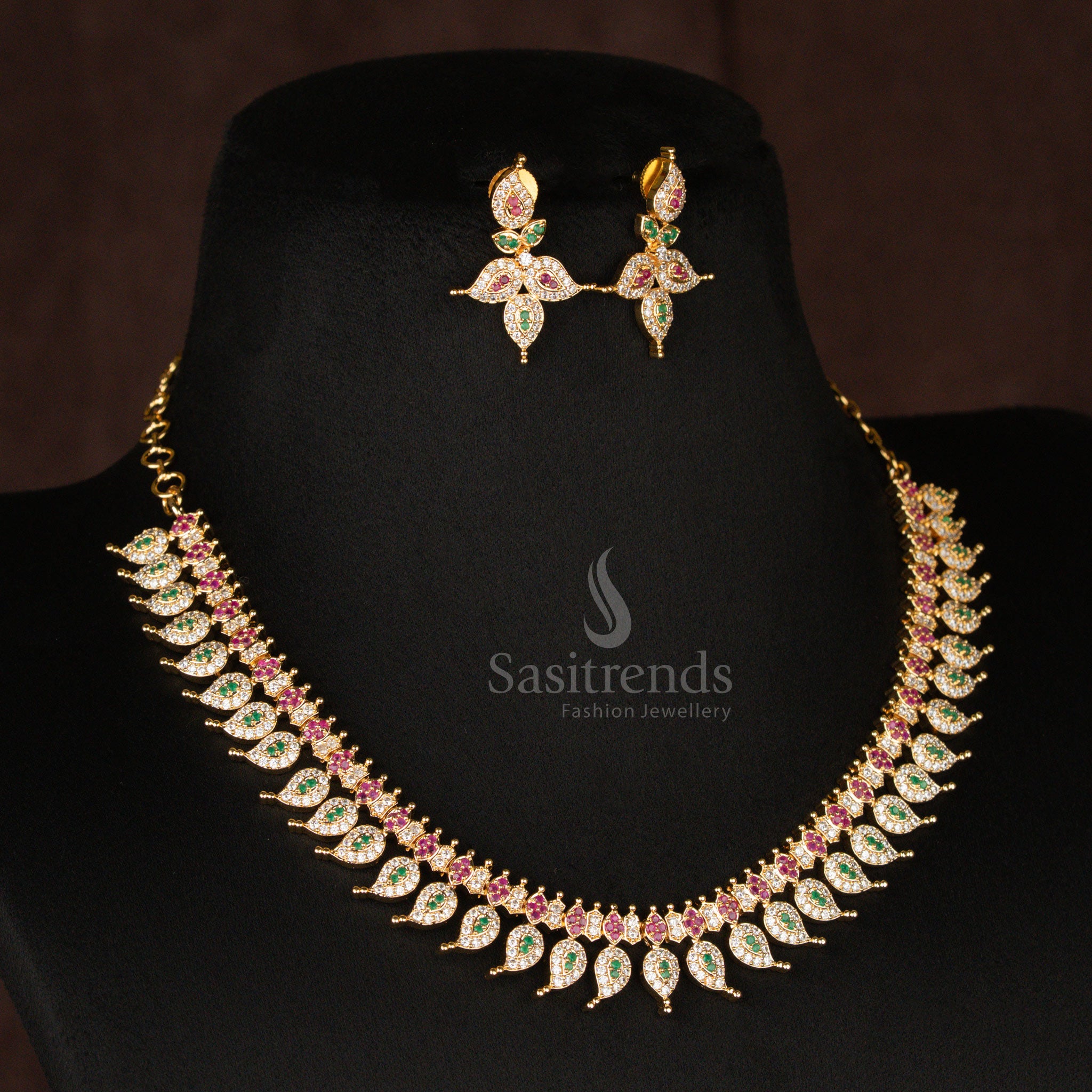 Royal multi-color stone micro gold plated short haram necklace set, enriched with a vibrant mix of sparkling gems, perfect for festive and traditional jewellery lovers - Sasitrends