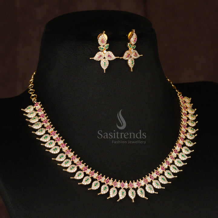 Royal multi-color stone micro gold plated short haram necklace set, enriched with a vibrant mix of sparkling gems, perfect for festive and traditional jewellery lovers - Sasitrends