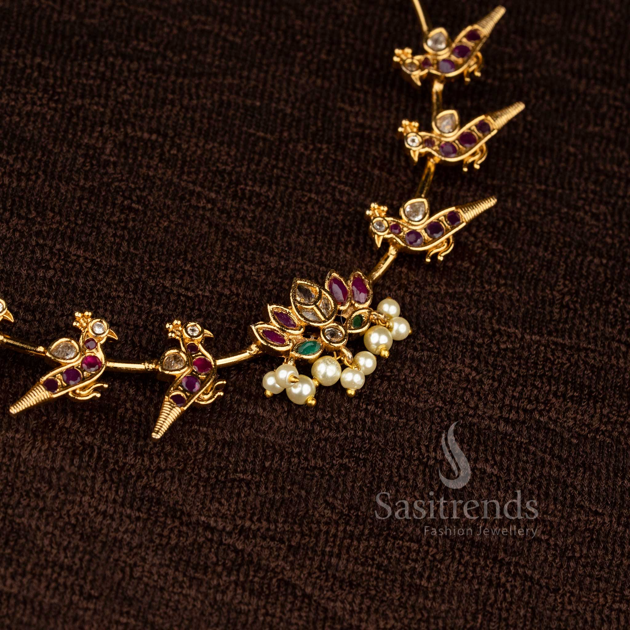 Stunning Multi Coloured Temple Matte Gold Lotus Pendant Necklace with Detailed Peacock Motif and Kemp Highlights – Sasitrends