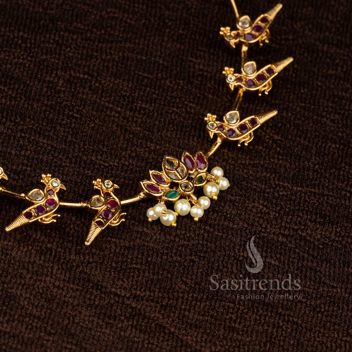 Stunning Multi Coloured Temple Matte Gold Lotus Pendant Necklace with Detailed Peacock Motif and Kemp Highlights – Sasitrends