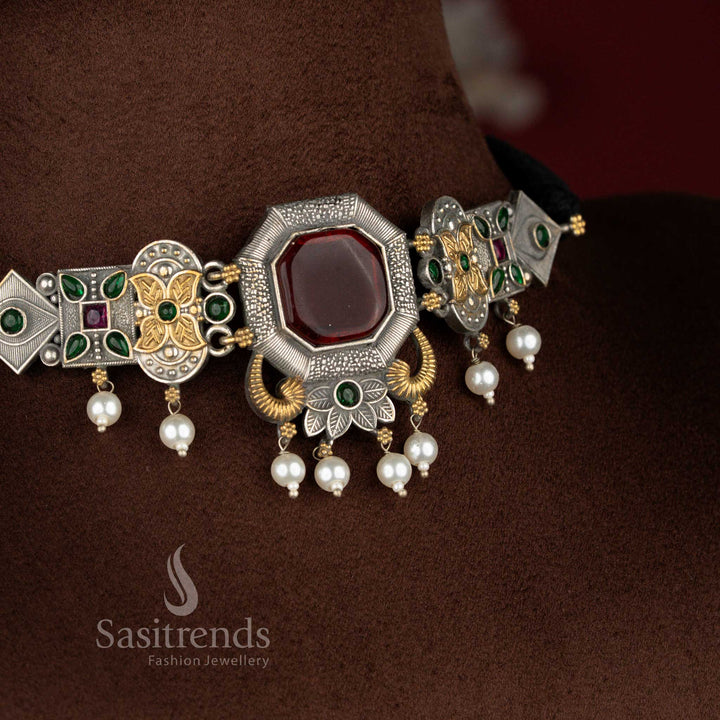 Regal ruby-green dual tone oxidised mandala floral pearl choker necklace for festive occasions – Sasitrends