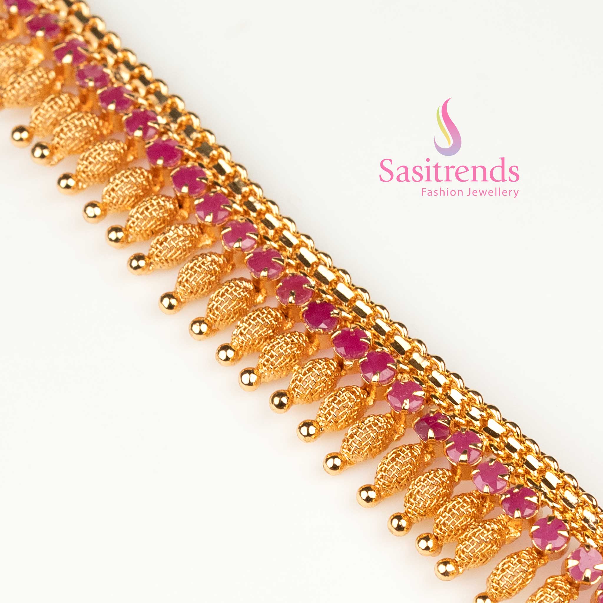 Regal ruby micro gold plated circular pendant necklace with lustrous AD stones and golden bead accents, exuding grandeur and celebration charm – Sasitrends