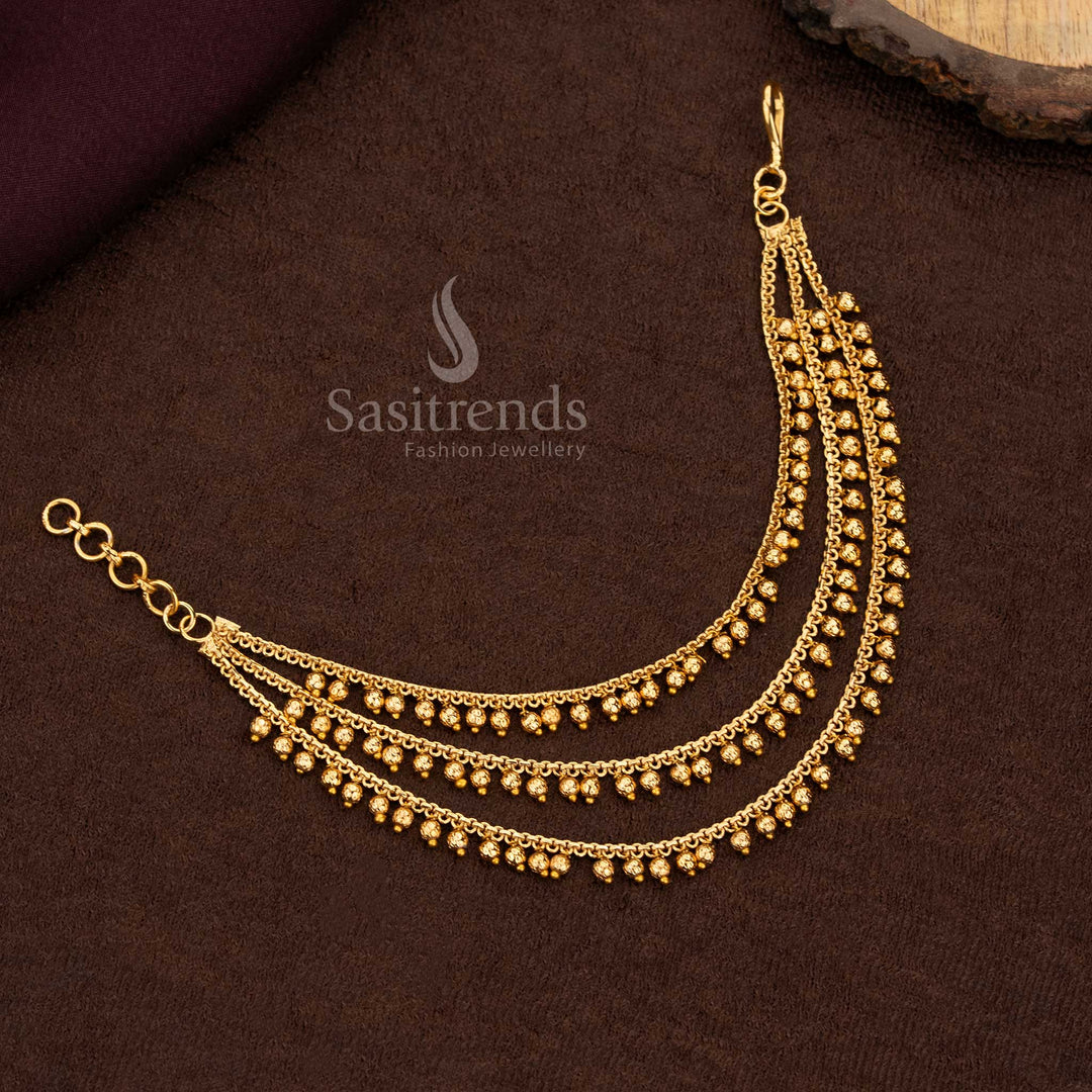 Elegant Gold Plated Three Layer Matil With Intricate Golden Beads Detailing Designed For Traditional Wedding Hairstyles And Bridal Ensembles - Sasitrends