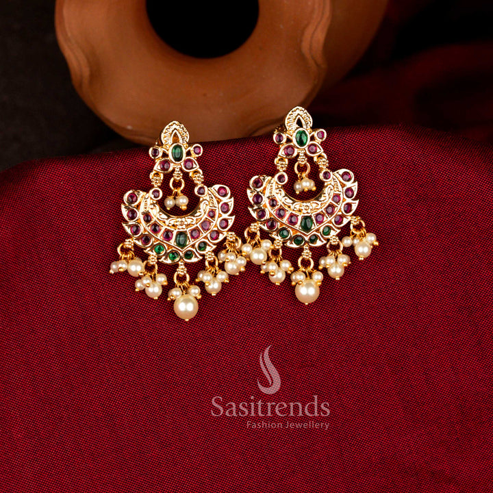 Vibrant micro gold plated American Diamond chandbali pearl earrings in multi shades perfect for wedding parties, festive occasions, and traditional events – Sasitrends