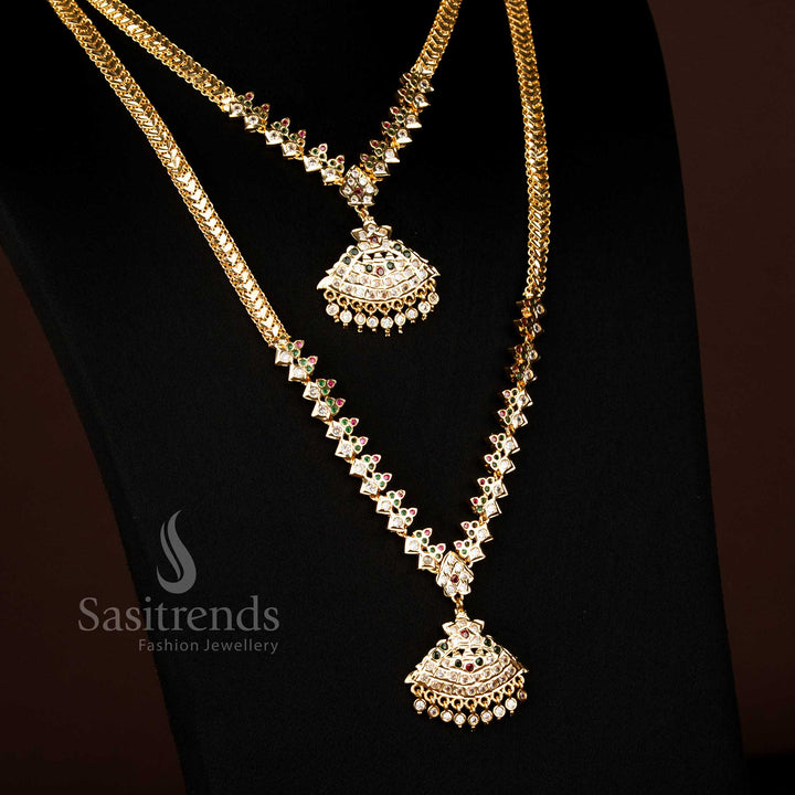 Graceful guaranteed micro gold plated Impon necklace set with multi shade stones and charming earrings for ethnic fashion - Sasitrends