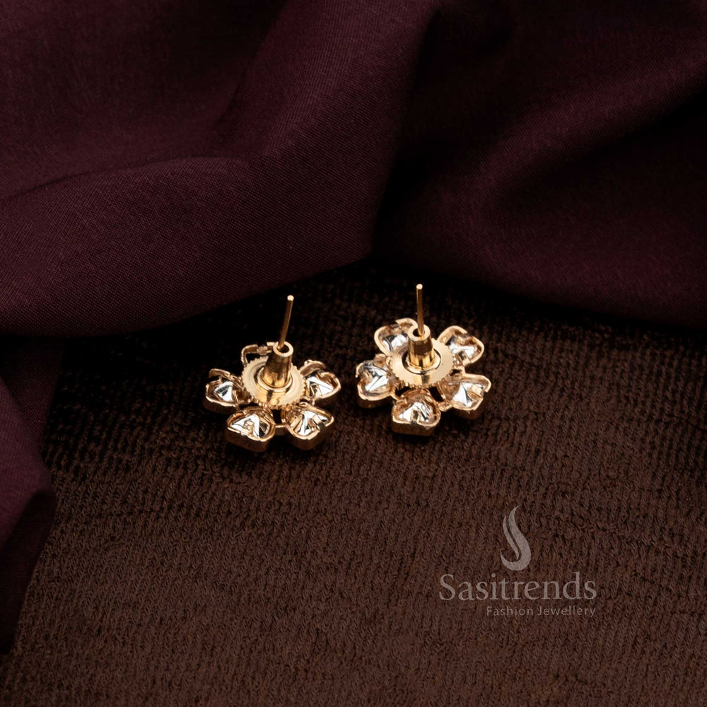 Blooming Floral Kundan Stone Stud Earrings With Carat Plating And Sparkling Centerpiece For Glamorous Receptions And Elegant Parties - Sasitrends
