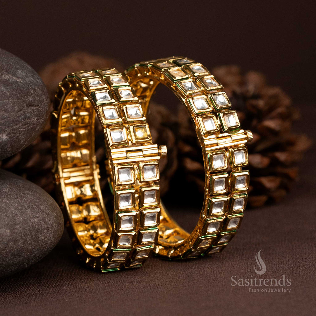 Elegant high gold plated square kundan bangles designed for timeless festive charm, perfect with traditional silk sarees and ethnic drapes – Sasitrends